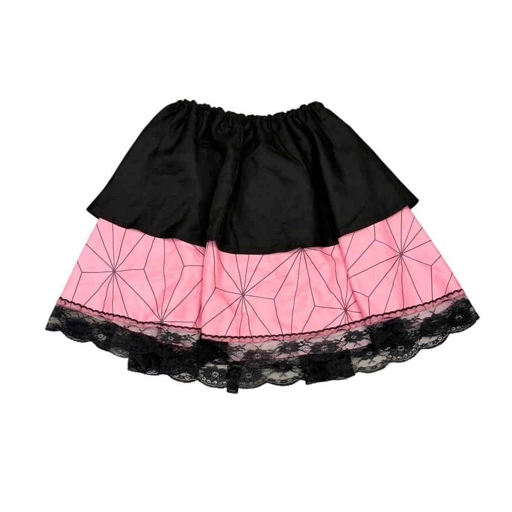 Womens L Pink Black Layered Lace Hem Mini Skirt Stretchy Anime Kawaii Whimsigoth